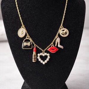 Hand made 18k Gold Plated Charm Necklace with Red and Pearl Accents